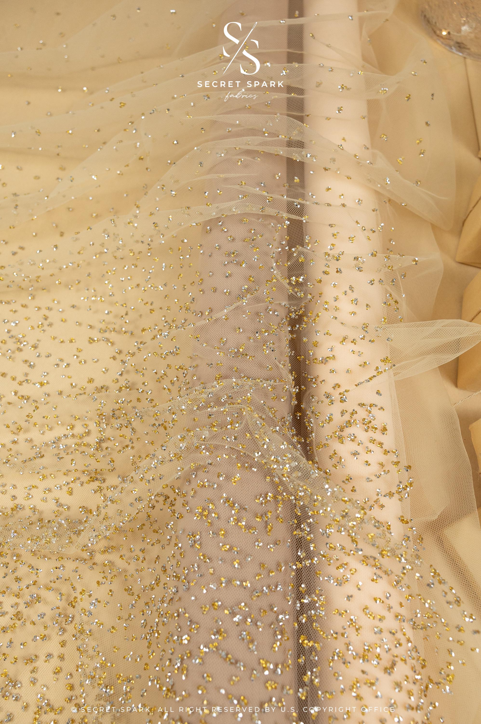 Stardust - Champagne Ombre Crystal Tulle with Gradient Sparkle and Rhinestones on Mesh Luxury Bridal Fabric by the Yard