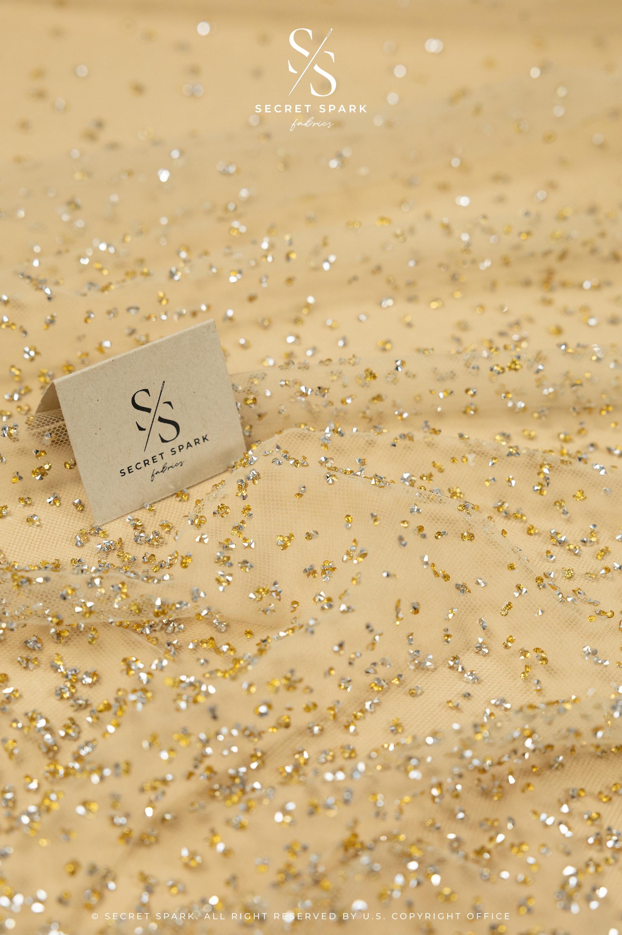 Stardust - Champagne Ombre Crystal Tulle with Gradient Sparkle and Rhinestones on Mesh Luxury Bridal Fabric by the Yard