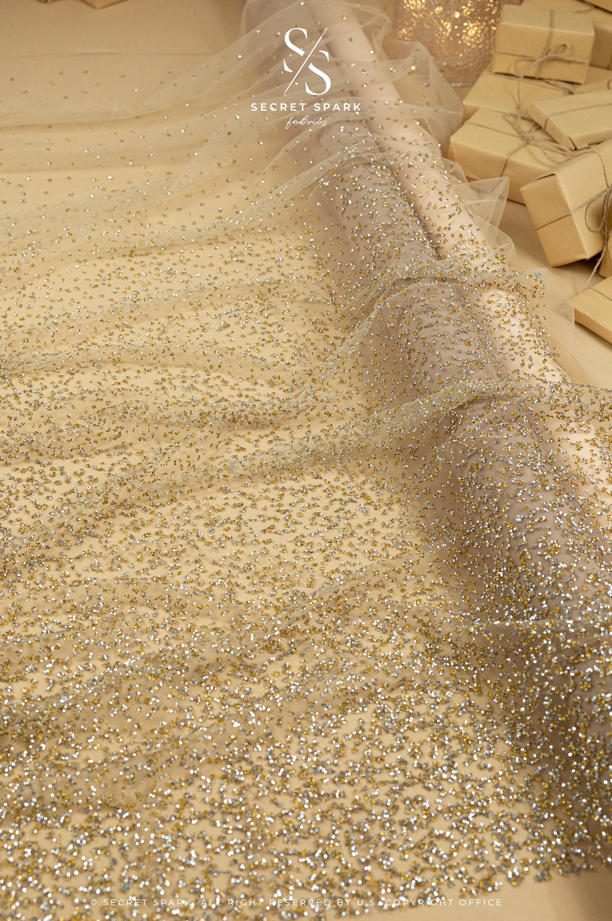 Stardust - Champagne Ombre Crystal Tulle with Gradient Sparkle and Rhinestones on Mesh Luxury Bridal Fabric by the Yard