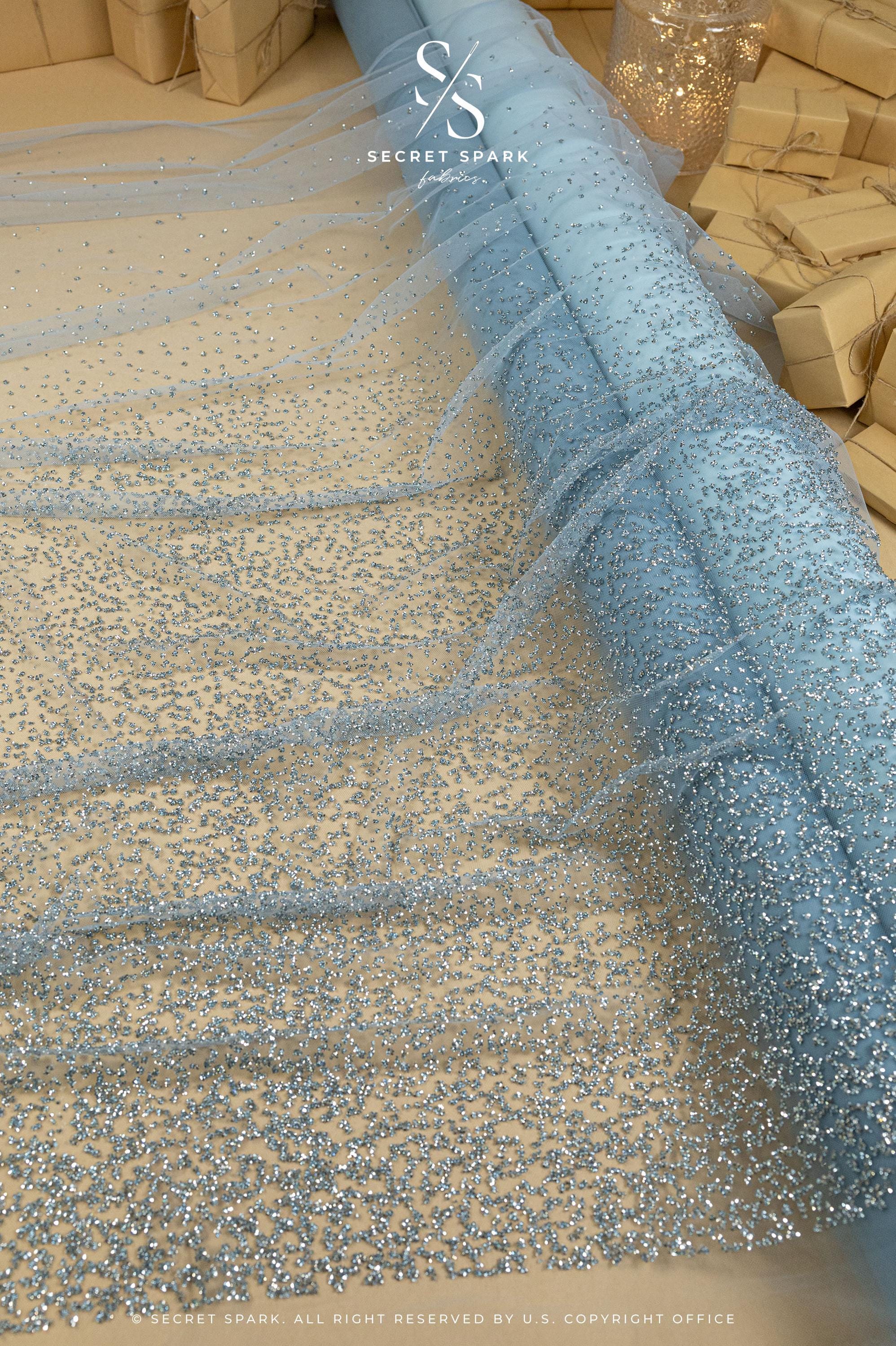 Stardust - Pastel Blue Ombre Crystal Tulle with Gradient Sparkle and Rhinestones on Mesh Luxury Bridal Fabric by the Yard