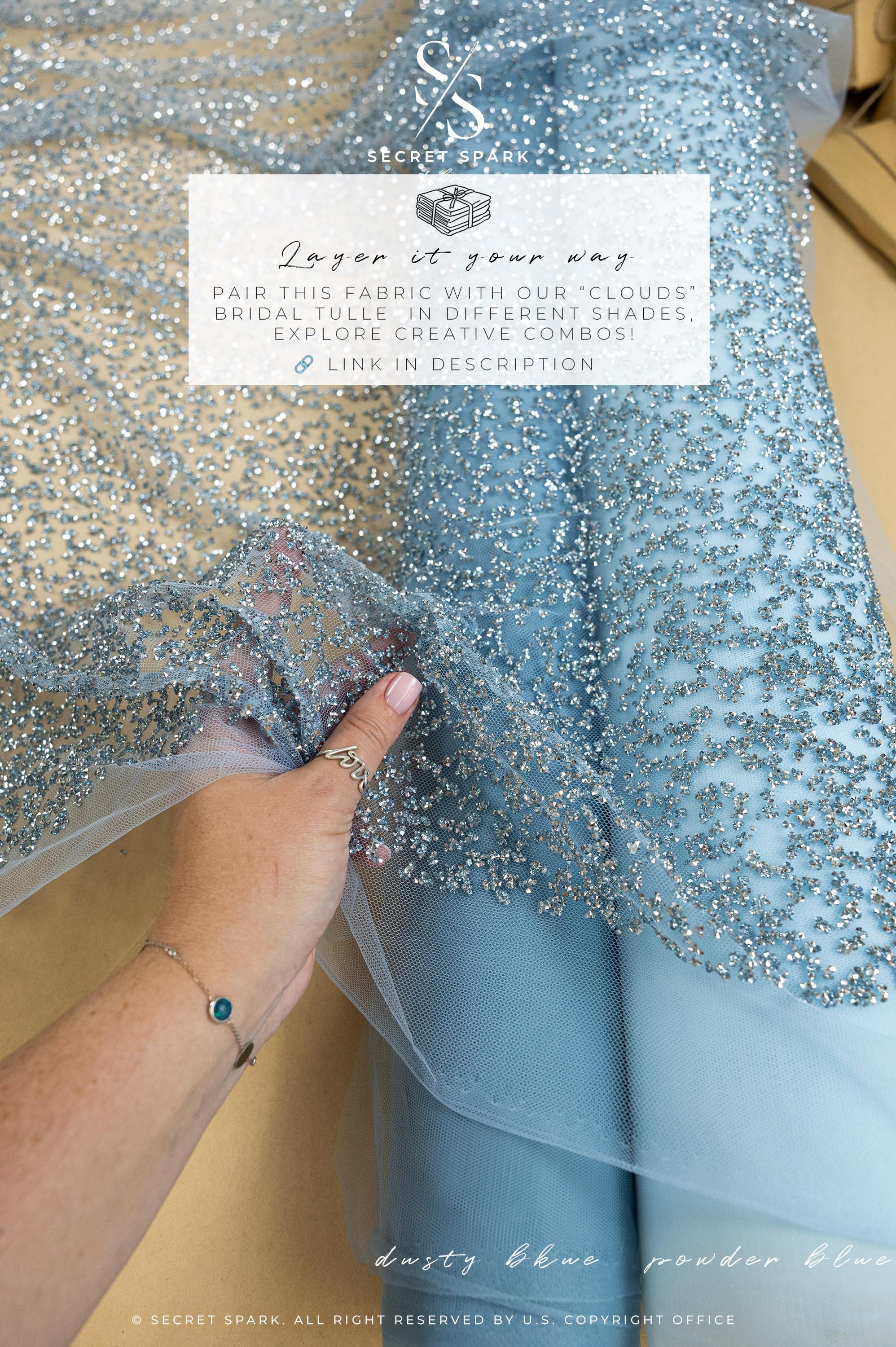 Stardust - Pastel Blue Ombre Crystal Tulle with Gradient Sparkle and Rhinestones on Mesh Luxury Bridal Fabric by the Yard