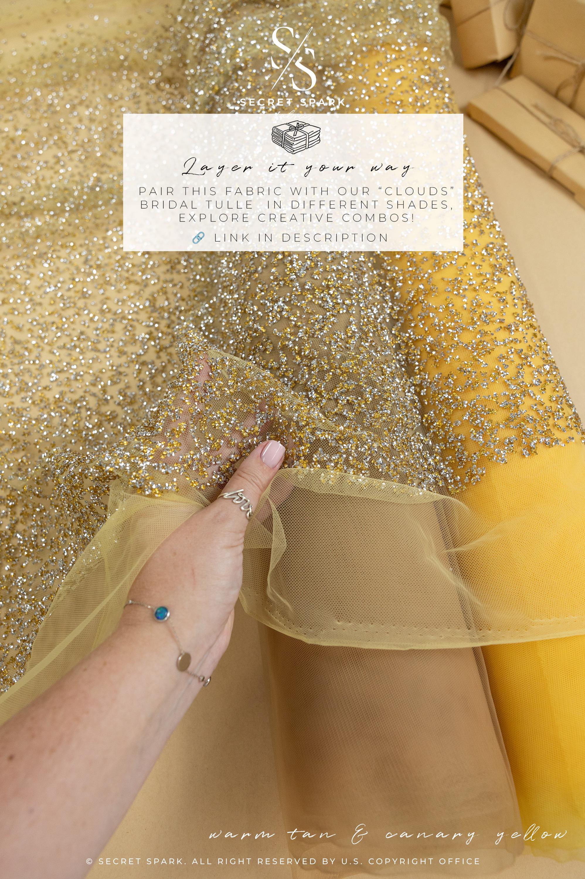 Stardust - Gold Ombre Crystal Tulle with Gradient Sparkle and Rhinestones on Mesh Luxury Bridal Fabric by the Yard