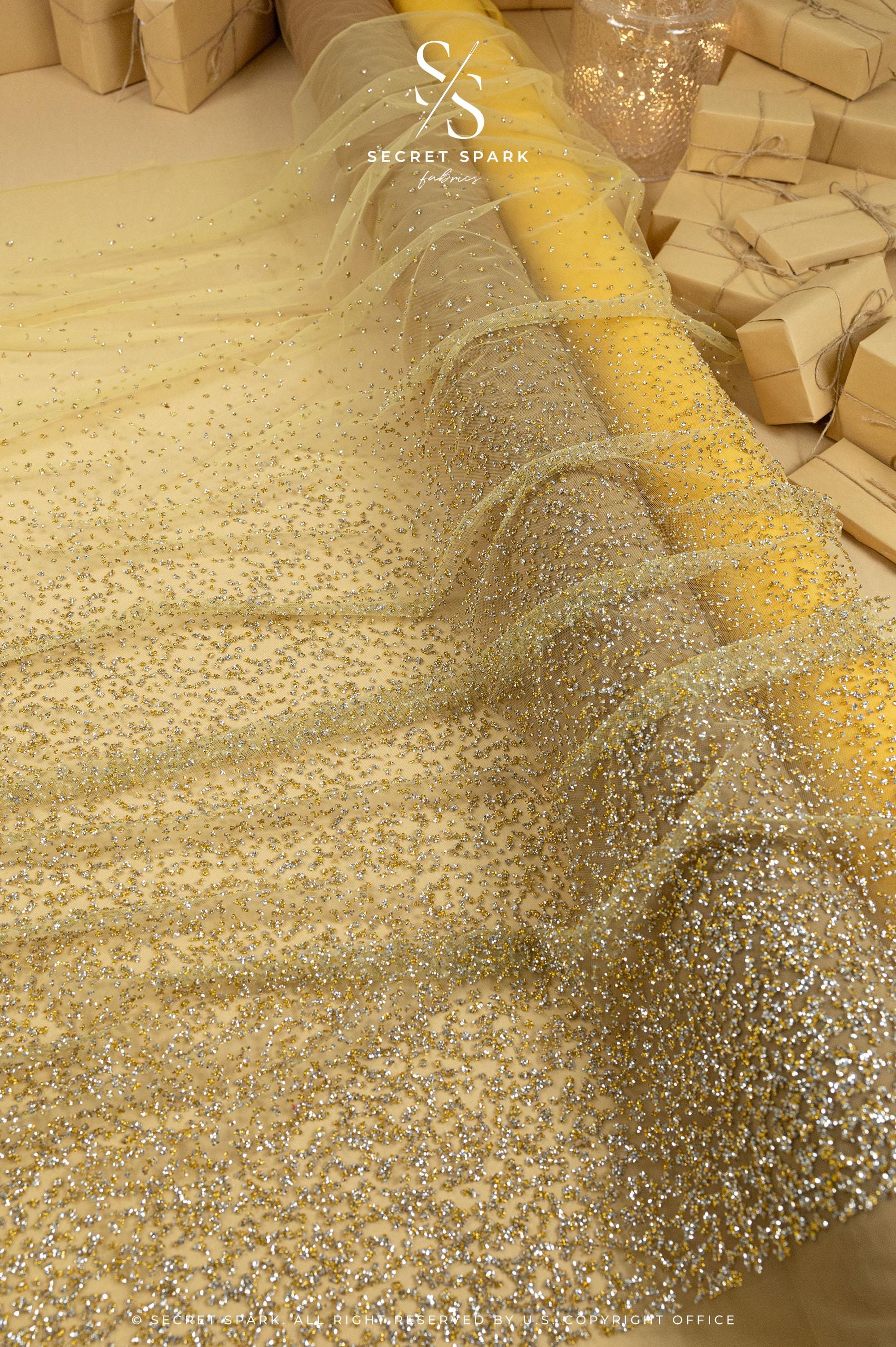 Stardust - Gold Ombre Crystal Tulle with Gradient Sparkle and Rhinestones on Mesh Luxury Bridal Fabric by the Yard