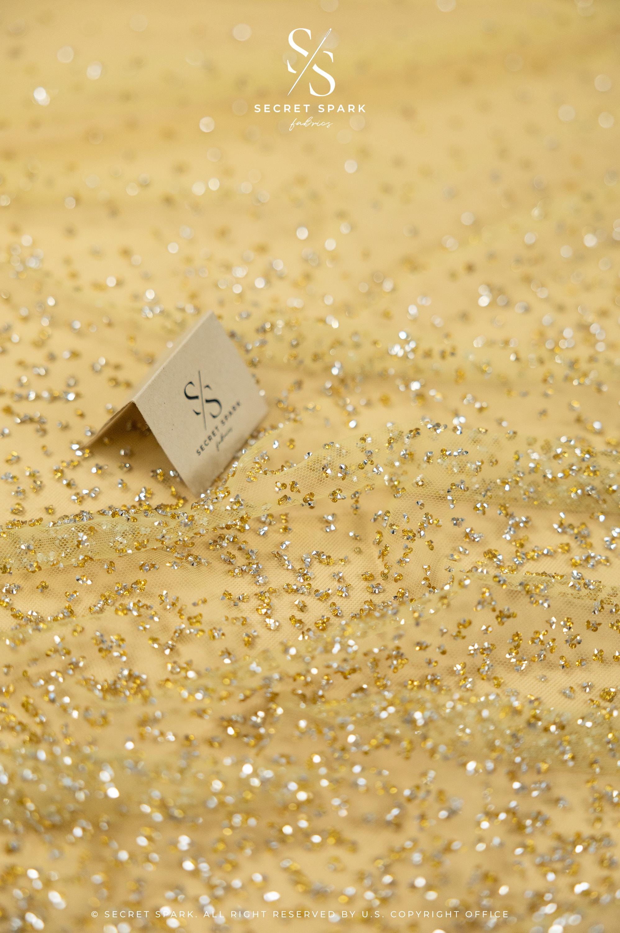 Stardust - Gold Ombre Crystal Tulle with Gradient Sparkle and Rhinestones on Mesh Luxury Bridal Fabric by the Yard