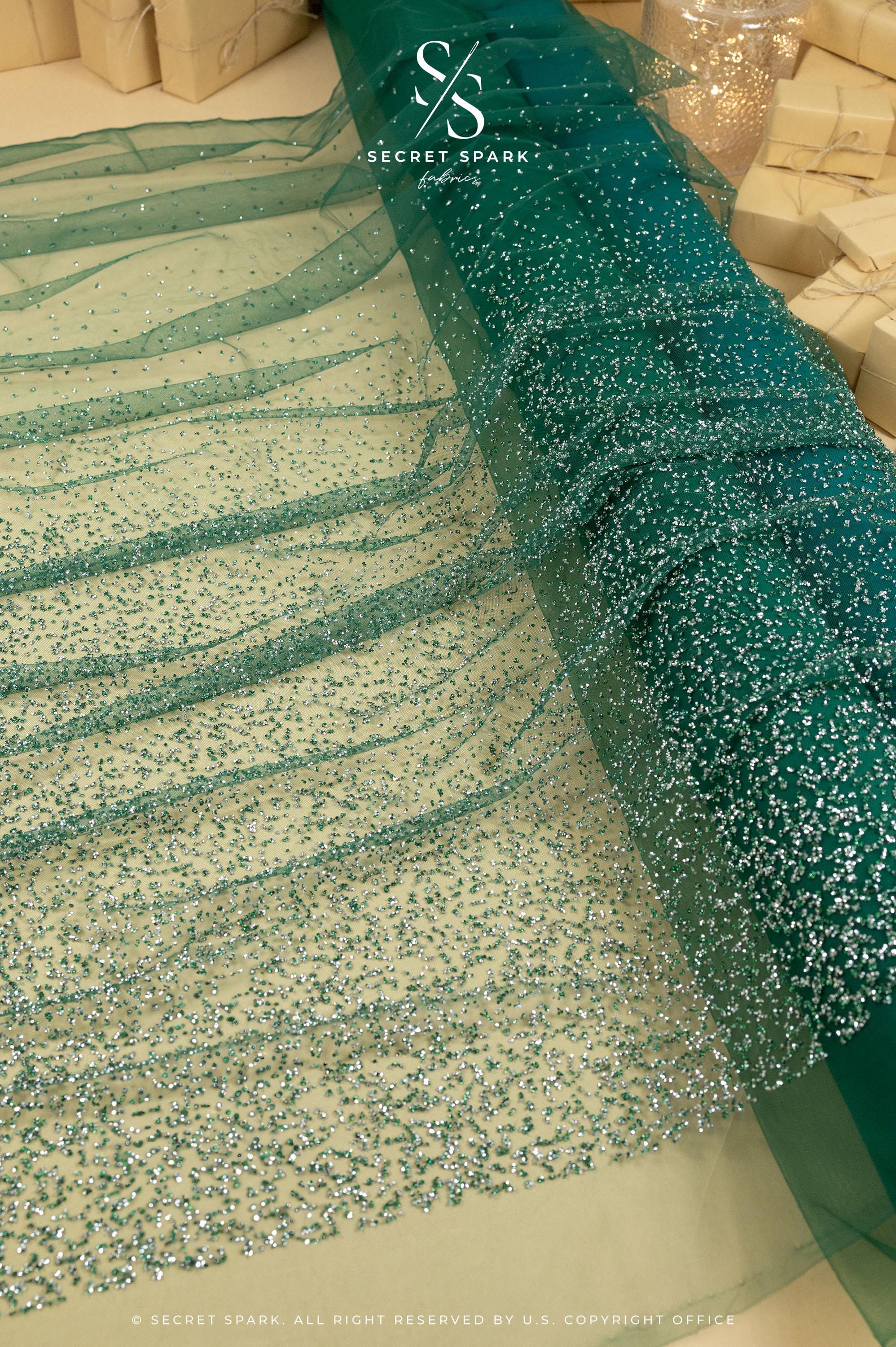 Stardust - Emerald Green Ombre Crystal Tulle with Gradient Sparkle and Rhinestones on Mesh Luxury Bridal Fabric by the Yard