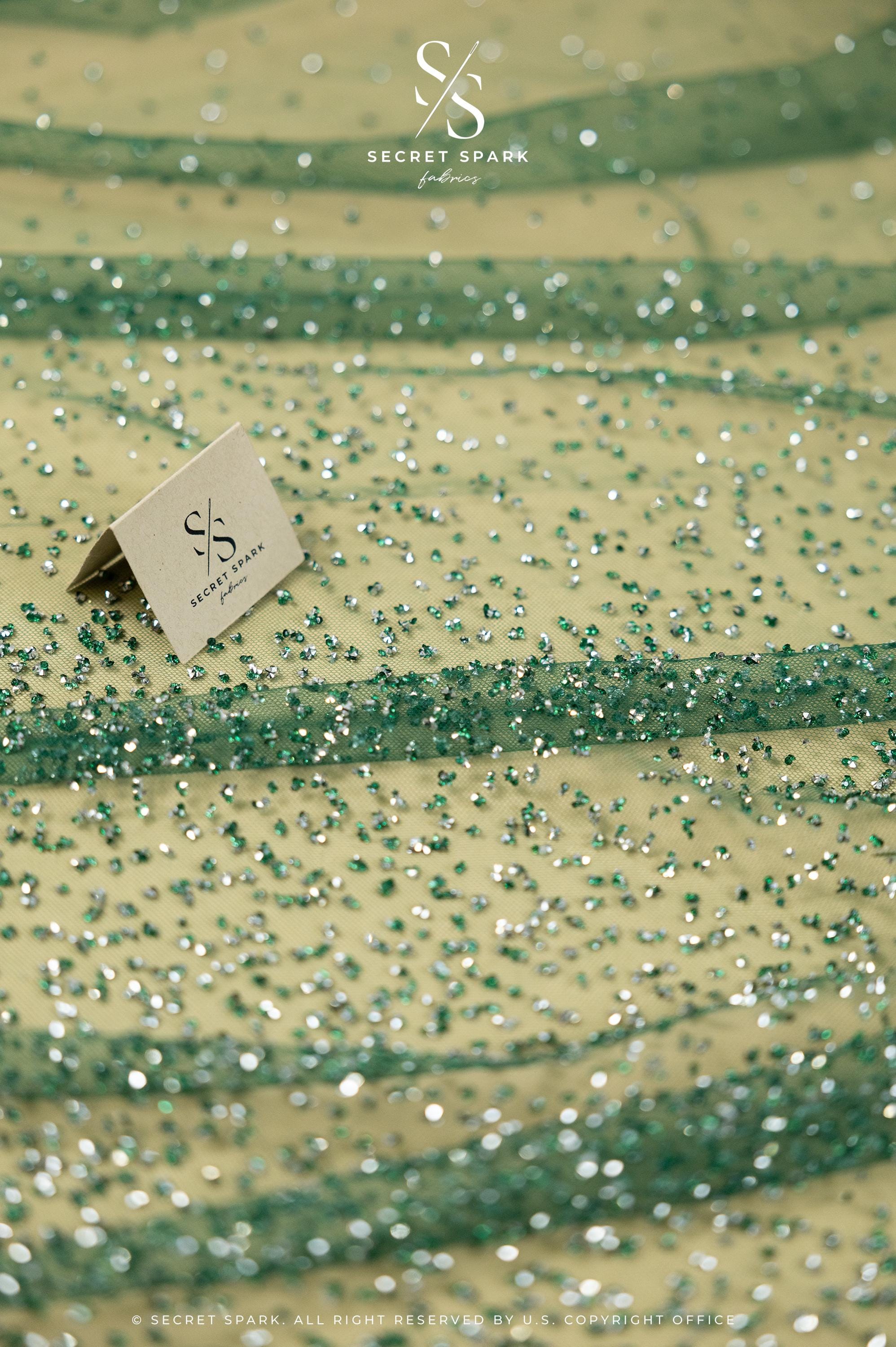 Stardust - Emerald Green Ombre Crystal Tulle with Gradient Sparkle and Rhinestones on Mesh Luxury Bridal Fabric by the Yard