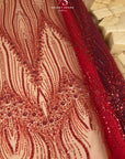 Crystalia - Wine Beaded Tulle Lace for Bridal Dresses, Floral Sequin Mesh for Wedding Gowns, Elegant Embroidered Fabric by the Yard