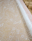Coral Reef - Ivory Lace Fabric Sea Themed Bridal Beaded Lace with Pearls & Sequins, Mesh Lace for Wedding Gowns, Couture Dresses with Corals