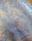 Coral Reef - Soft Blue Beaded Lace with Coral Motif, Ocean-Inspired Mesh Embroidered with Sequins & Pearls, Bridal Sea Theme Fabric