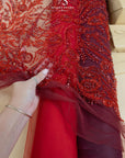 Coral Reef - Dark Red-Wine Lace Fabric, Beaded & Sequin Embroidered Tulle with Pearls, Ocean Theme Corals Lace Mesh for Gowns, Couture Dress
