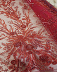 Coral Reef - Dark Red-Wine Lace Fabric, Beaded & Sequin Embroidered Tulle with Pearls, Ocean Theme Corals Lace Mesh for Gowns, Couture Dress