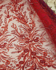 Coral Reef - Dark Red-Wine Lace Fabric, Beaded & Sequin Embroidered Tulle with Pearls, Ocean Theme Corals Lace Mesh for Gowns, Couture Dress