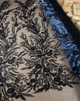 Coral Reef - Black Beaded Sea Theme Corals Lace Fabric with Sequins & Pearls, Ocean-Inspired Tulle Mesh for Gowns, Couture Dresses