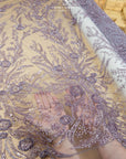 Coral Reef - Dusty Amethyst Beaded Lace with Sequins & Pearls, Sea Corals Pattern Mesh Tulle Fabric, Ocean-Inspired Lace for Dresses, Gowns