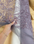 Coral Reef - Dusty Amethyst Beaded Lace with Sequins & Pearls, Sea Corals Pattern Mesh Tulle Fabric, Ocean-Inspired Lace for Dresses, Gowns