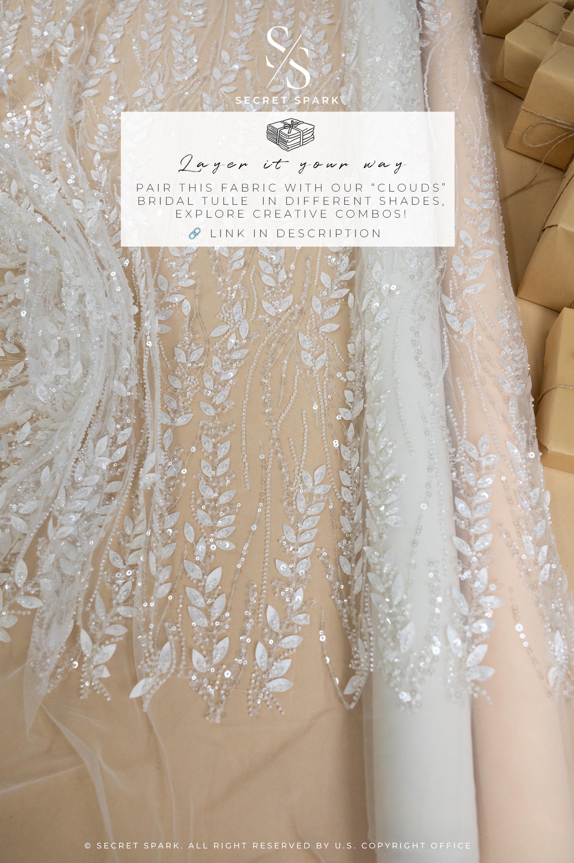 Leaves Love - Ivory 3D Leaves Beaded Lace, Sheer Bridal Mesh with Clear Sequins and Floral Leaf Embroidery for Wedding Dress or Veil