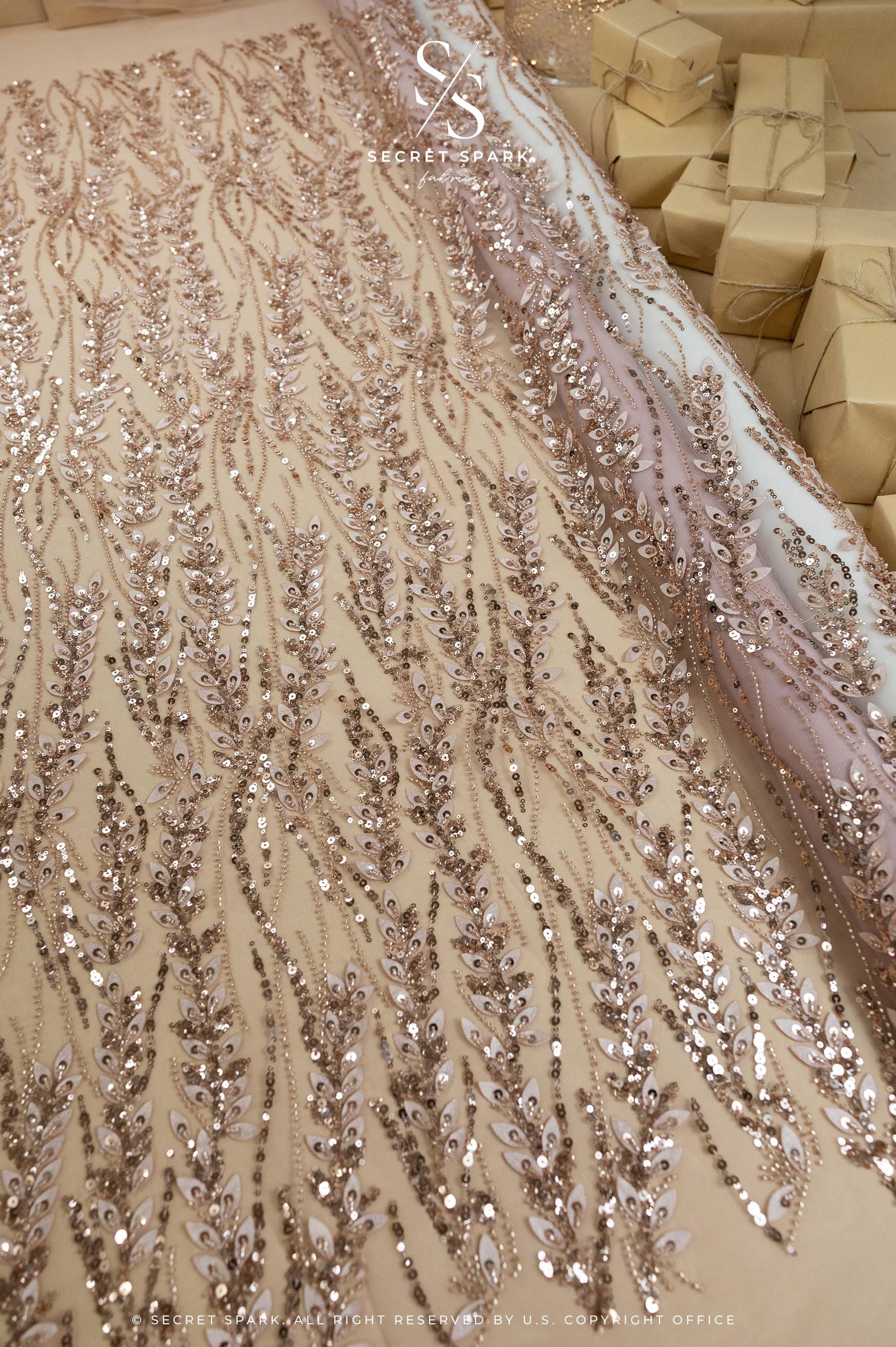 Leaves Love - Rose Gold Leaf Lace Fabric, 3D Leaves Embroidery with Sequins on Mesh for Dresses, Evening Gowns, Bridal Projects