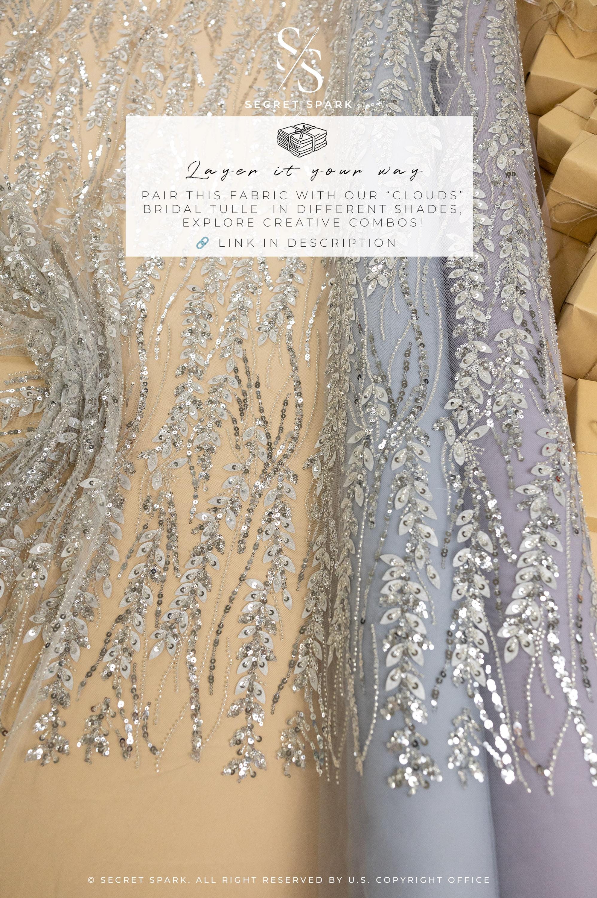 Leaves Love - Silver Gray 3D Leaves and Sequins Embroidery on Mesh, Leaf Floral Lace Fabric for Gowns, Dresses, Evening &amp; Bridal Looks