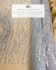 Leaves Love - Silver Gray 3D Leaves and Sequins Embroidery on Mesh, Leaf Floral Lace Fabric for Gowns, Dresses, Evening & Bridal Looks
