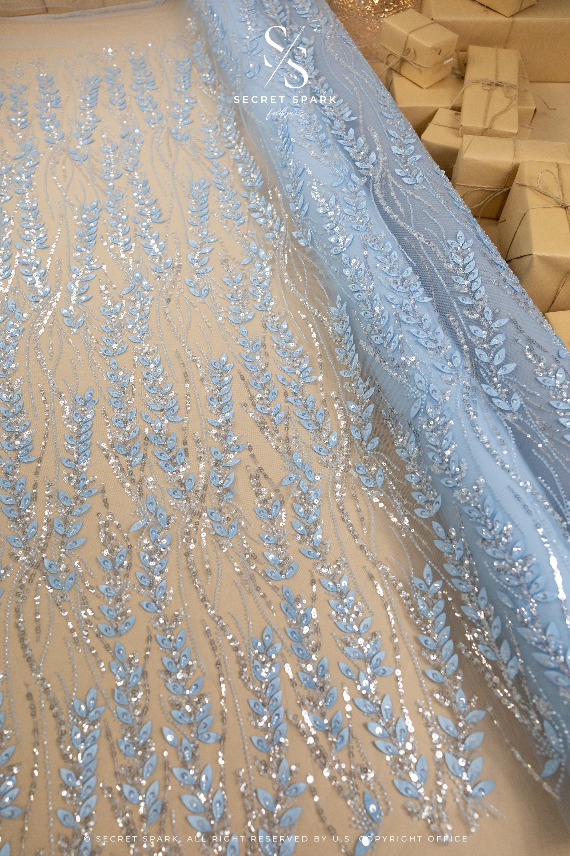 Leaves Love - Soft Blue Leaf Beaded Lace Fabric, 3D Leaves &amp; Sequins Embroidery on Mesh for Dresses, Bridal Gowns, Couture Design