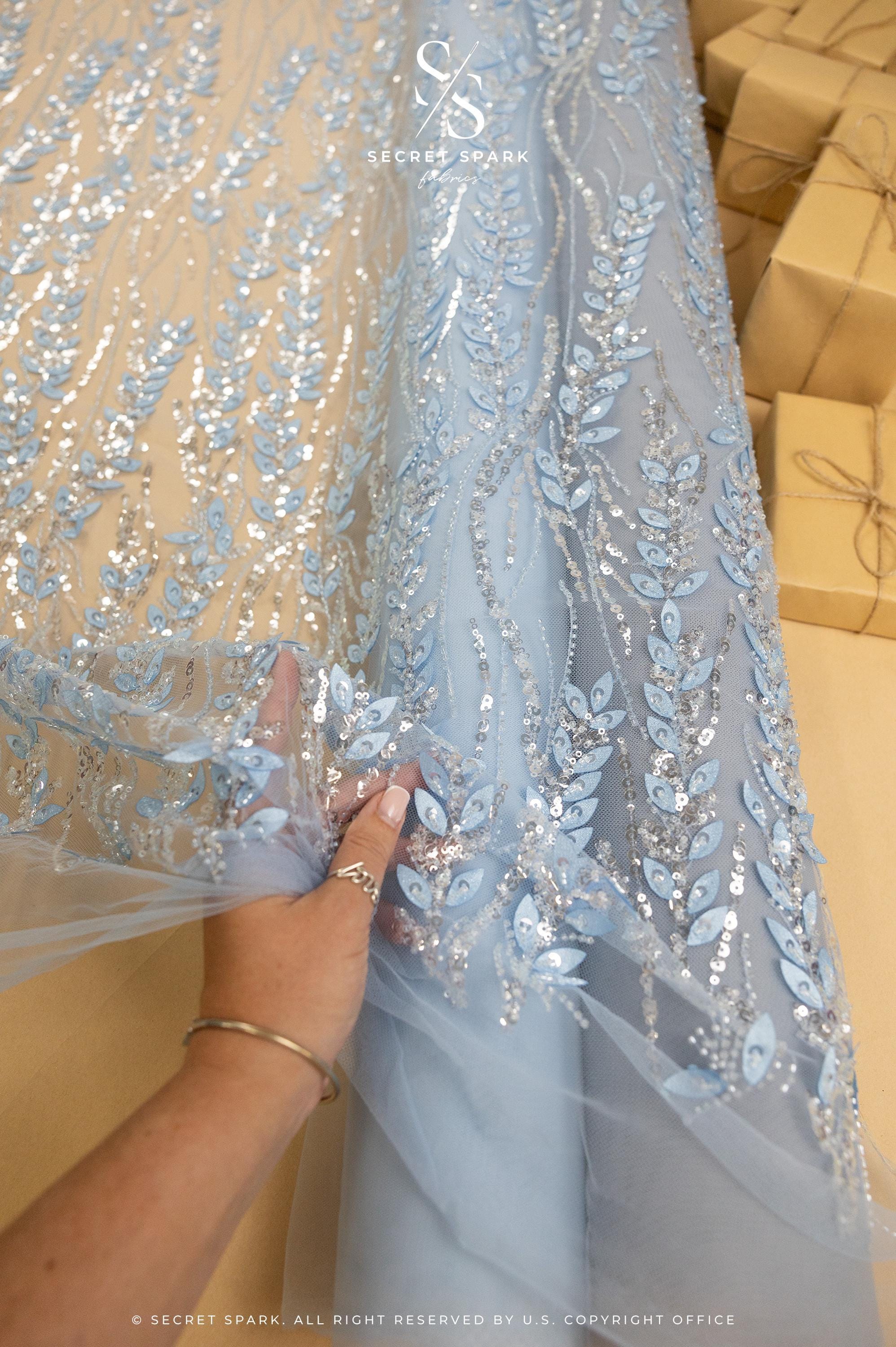 Leaves Love - Soft Blue Leaf Beaded Lace Fabric, 3D Leaves &amp; Sequins Embroidery on Mesh for Dresses, Bridal Gowns, Couture Design