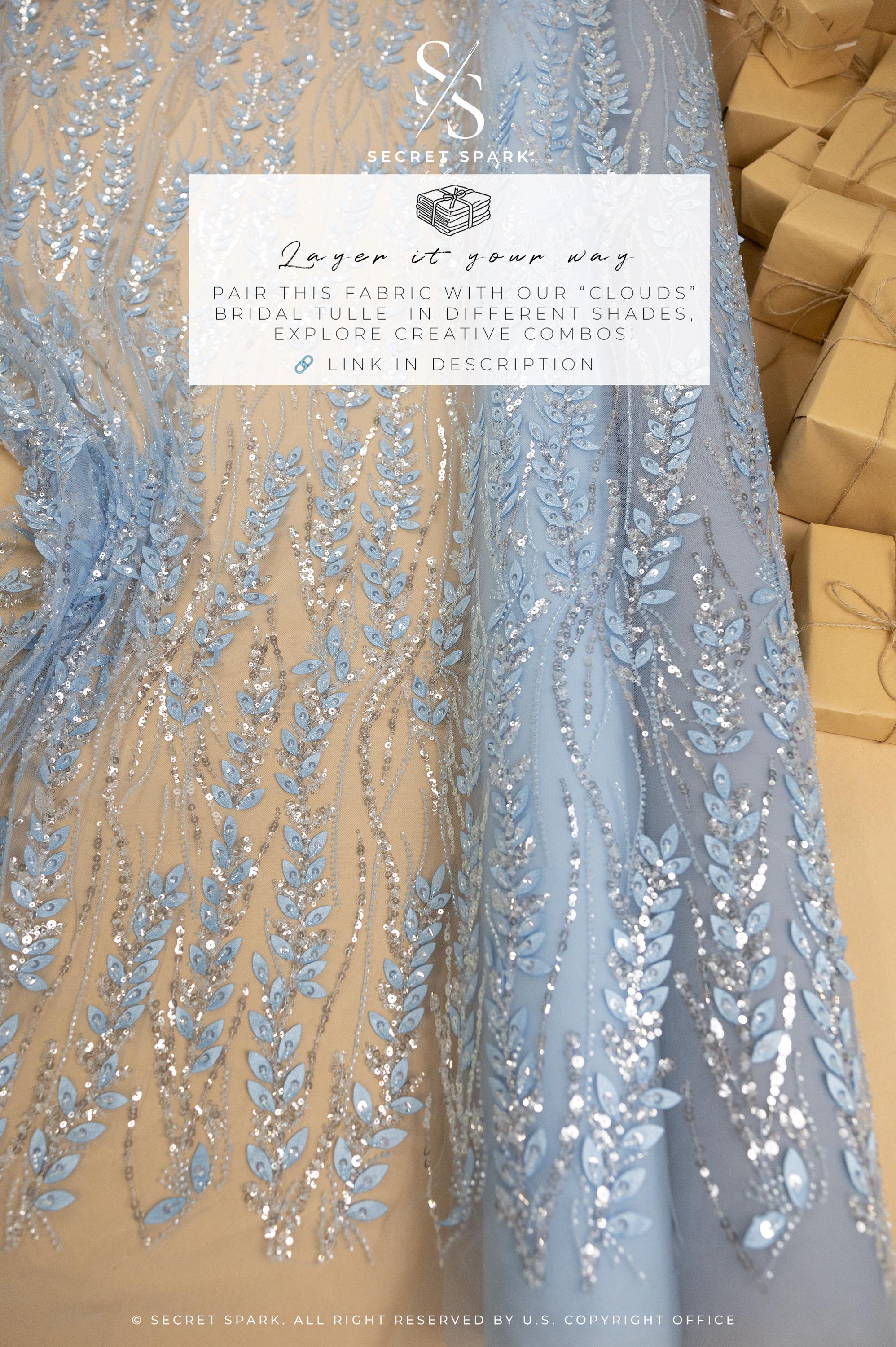 Leaves Love - Soft Blue Leaf Beaded Lace Fabric, 3D Leaves &amp; Sequins Embroidery on Mesh for Dresses, Bridal Gowns, Couture Design
