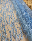 Leaves Love - Perry Blue Botanical Leaf Lace, Beaded & Sequin Embroidery Mesh Fabric with 3D Leaves for Gowns, Floral Evening Lace