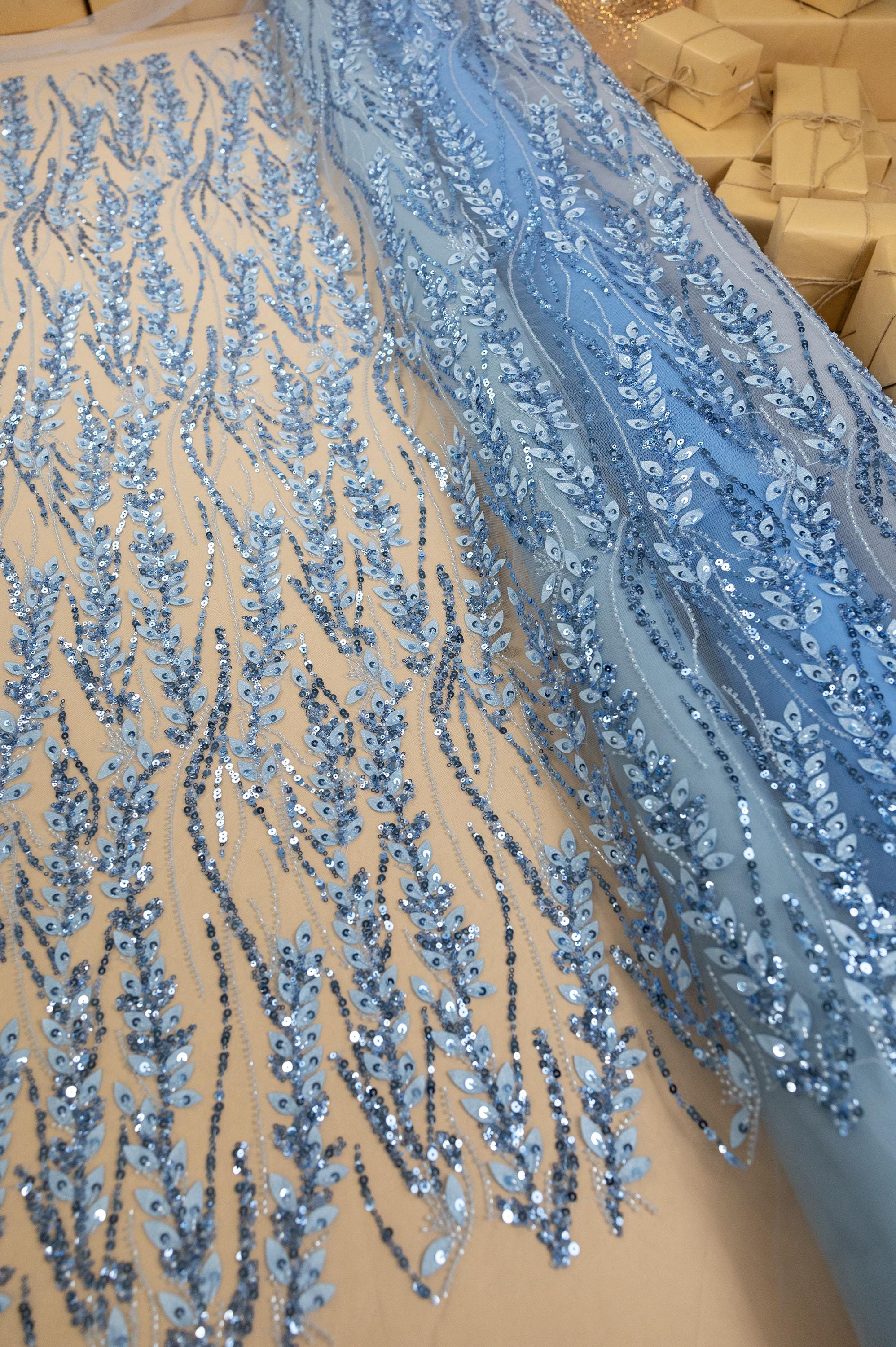 Leaves Love - Perry Blue Botanical Leaf Lace, Beaded &amp; Sequin Embroidery Mesh Fabric with 3D Leaves for Gowns, Floral Evening Lace