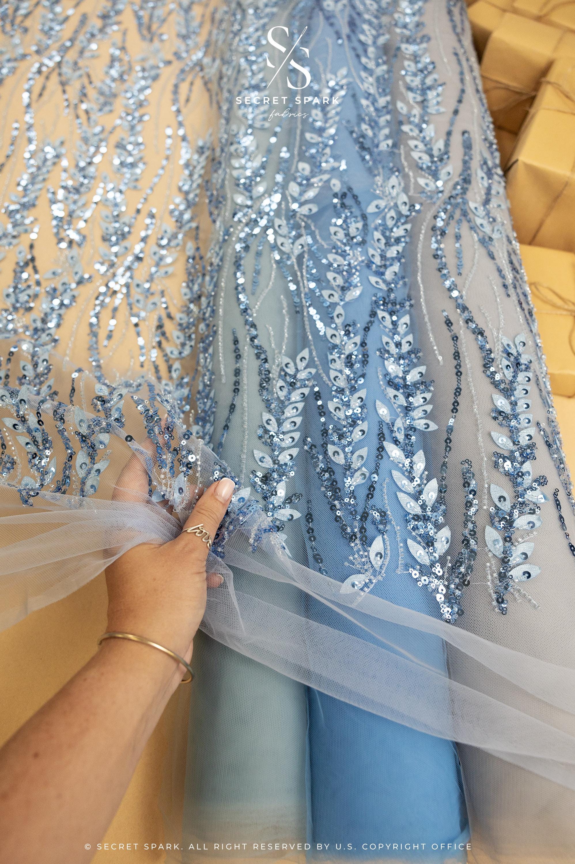 Leaves Love - Perry Blue Botanical Leaf Lace, Beaded &amp; Sequin Embroidery Mesh Fabric with 3D Leaves for Gowns, Floral Evening Lace