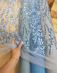 Leaves Love - Perry Blue Botanical Leaf Lace, Beaded & Sequin Embroidery Mesh Fabric with 3D Leaves for Gowns, Floral Evening Lace