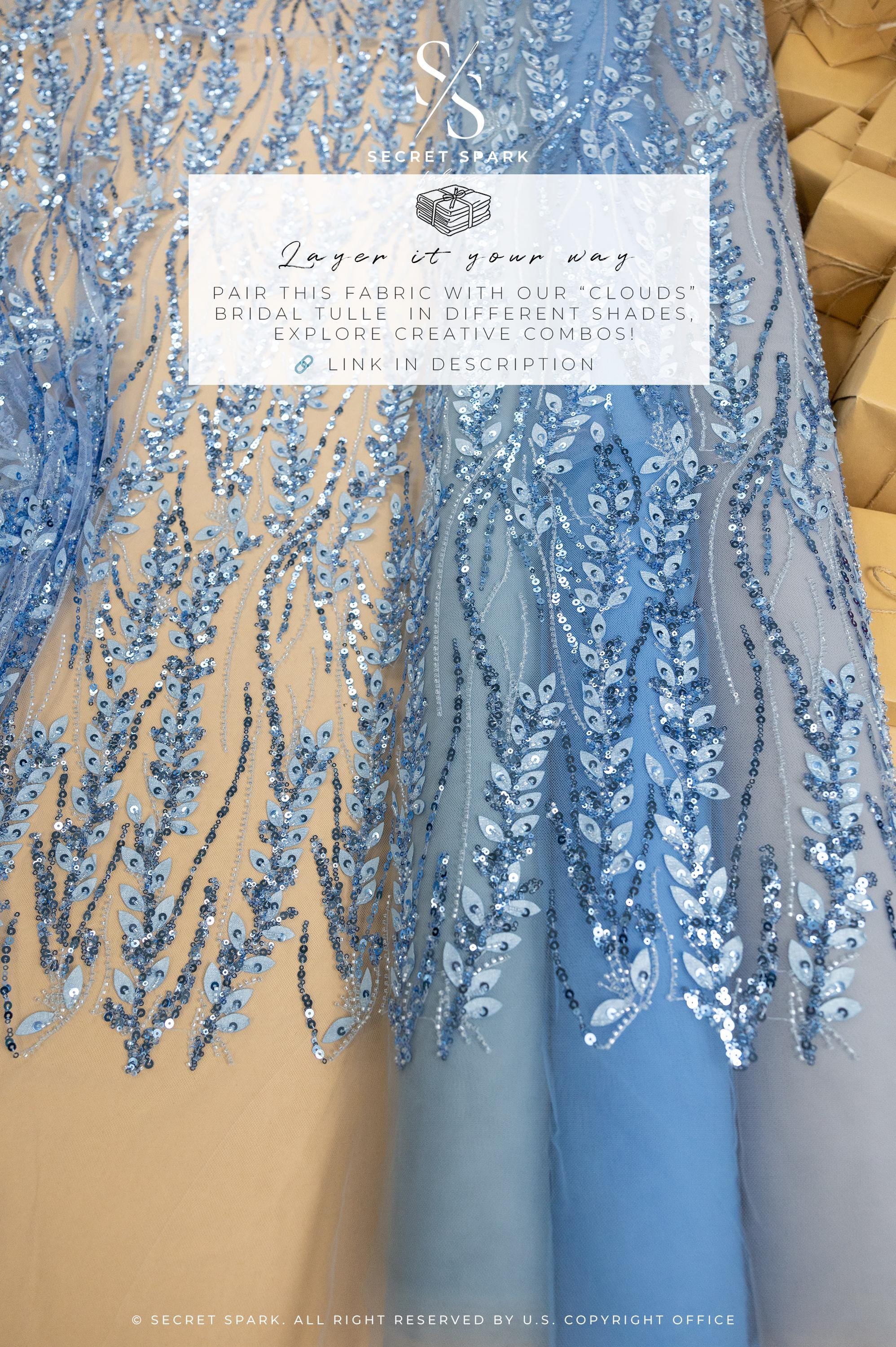 Leaves Love - Perry Blue Botanical Leaf Lace, Beaded &amp; Sequin Embroidery Mesh Fabric with 3D Leaves for Gowns, Floral Evening Lace