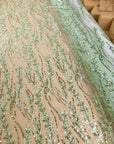 Leaves Love - Pistachio Green Leaf Lace Fabric, Beaded & Sequin Floral Embroidered Mesh with 3D Leaves for Dresses, Gowns, Couture Sewing
