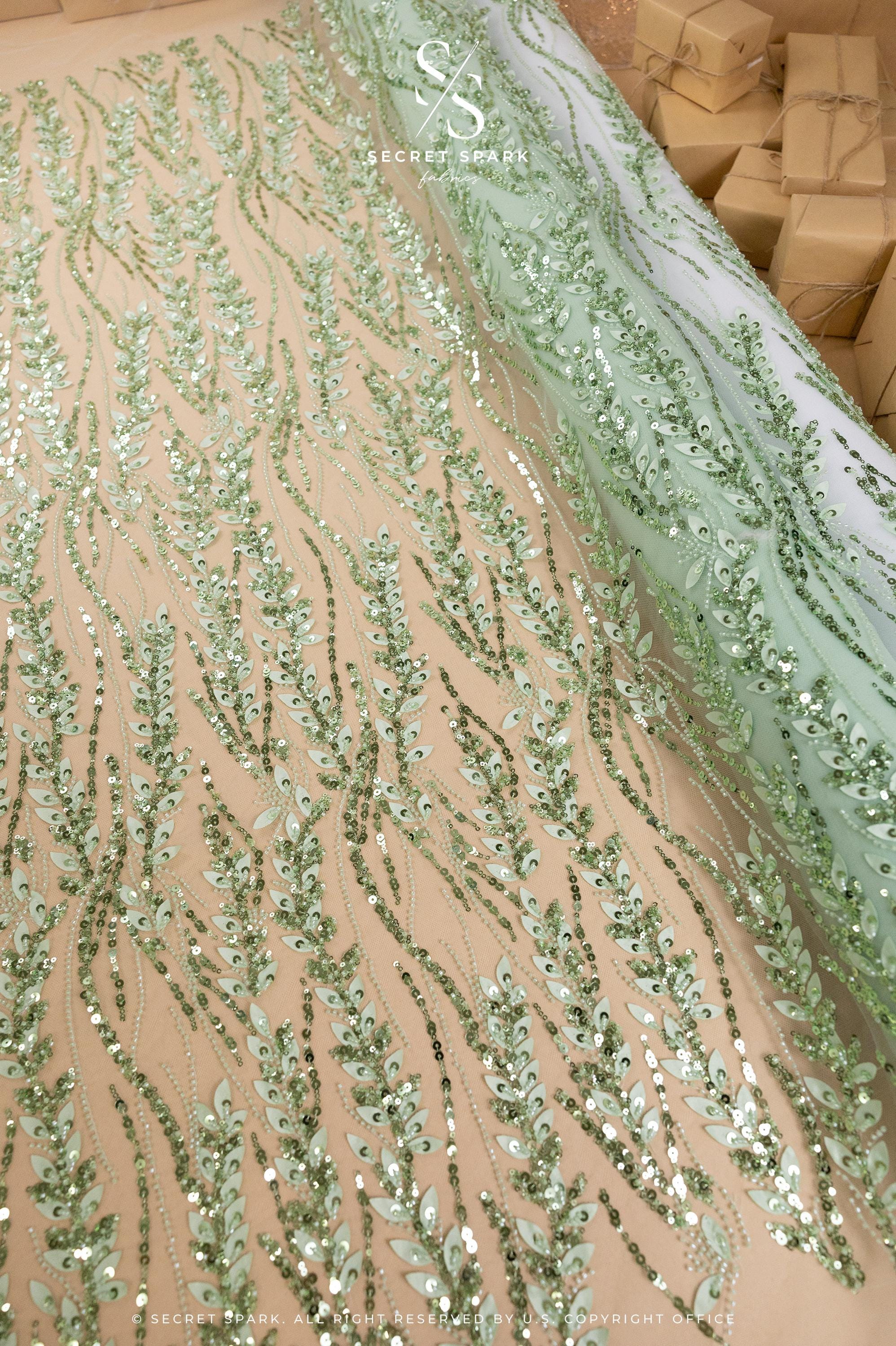 Leaves Love - Pistachio Green Leaf Lace Fabric, Beaded &amp; Sequin Floral Embroidered Mesh with 3D Leaves for Dresses, Gowns, Couture Sewing
