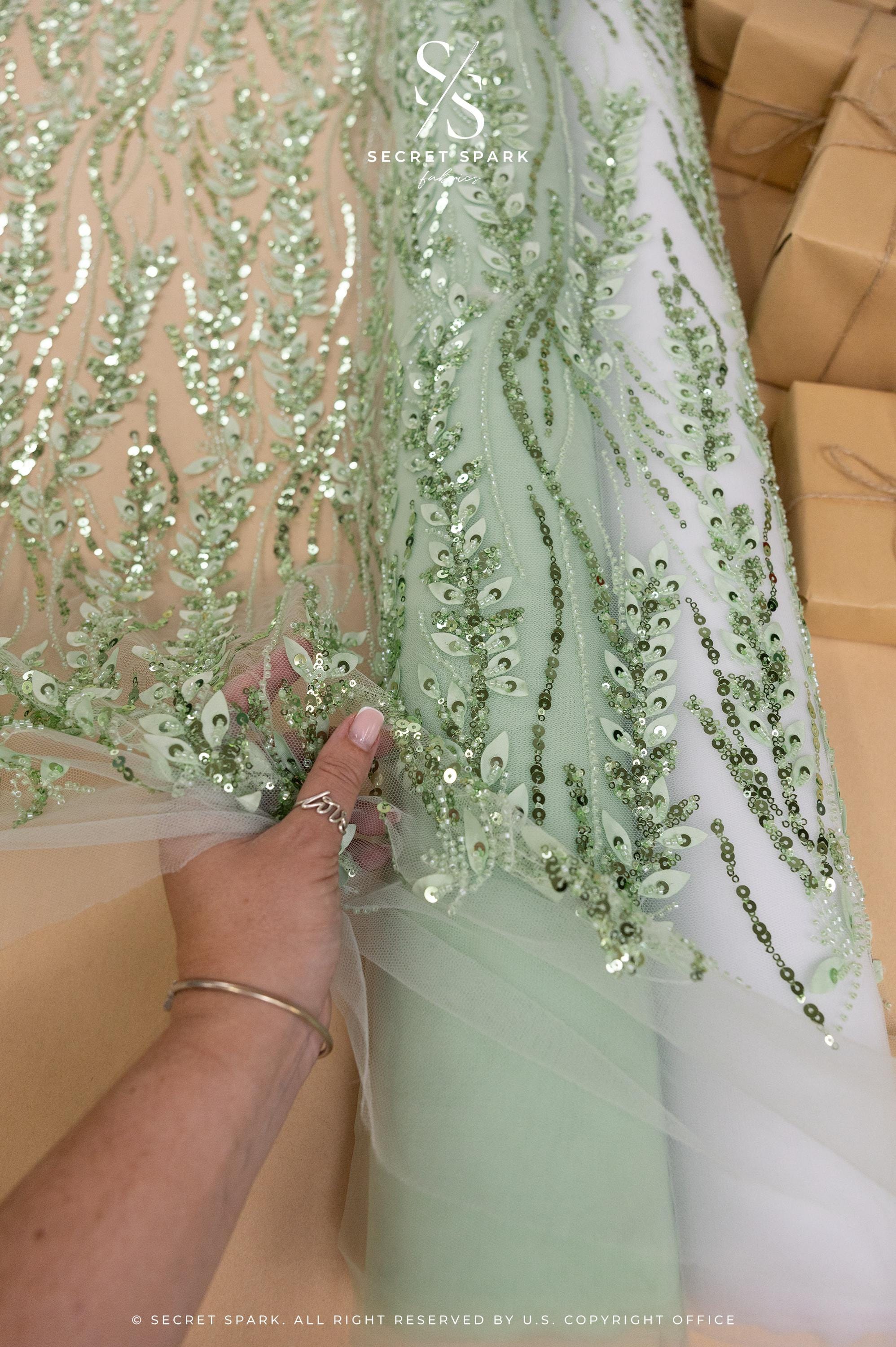 Leaves Love - Pistachio Green Leaf Lace Fabric, Beaded &amp; Sequin Floral Embroidered Mesh with 3D Leaves for Dresses, Gowns, Couture Sewing
