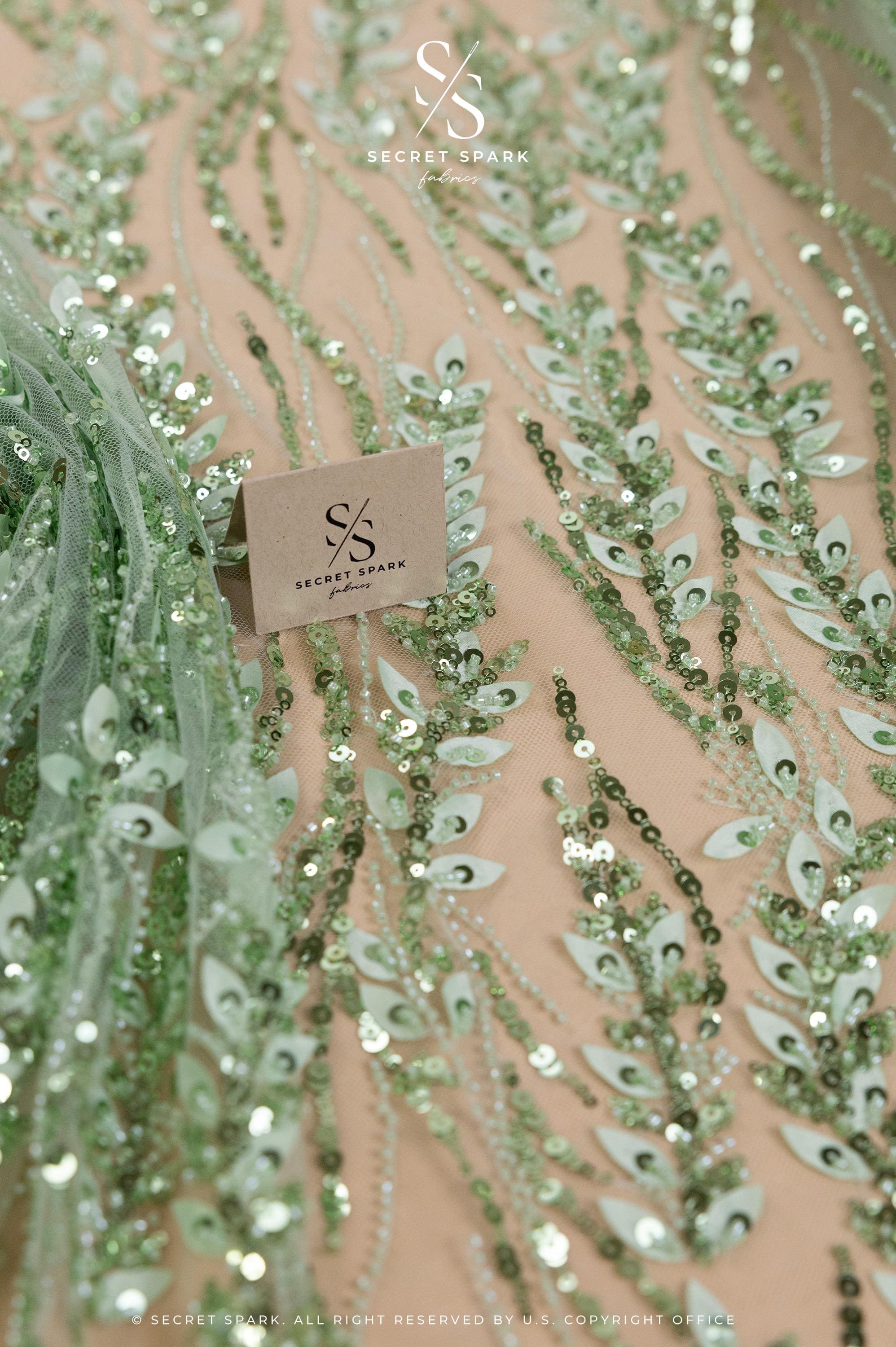 Leaves Love - Pistachio Green Leaf Lace Fabric, Beaded &amp; Sequin Floral Embroidered Mesh with 3D Leaves for Dresses, Gowns, Couture Sewing