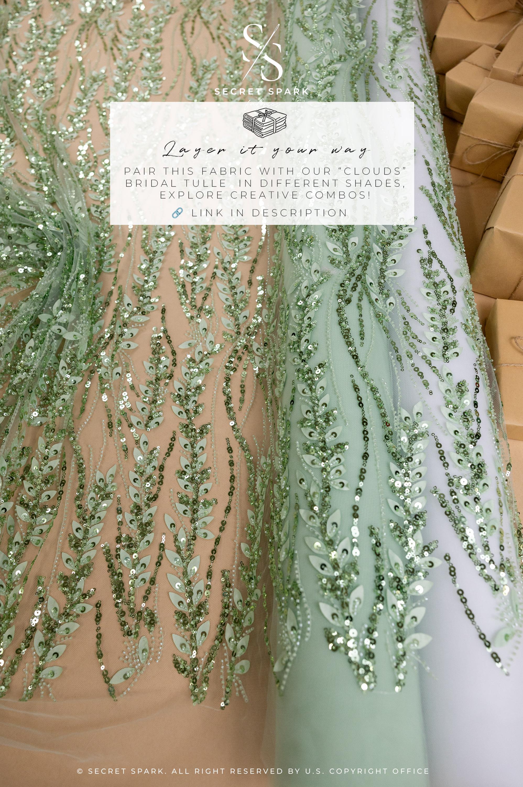 Leaves Love - Pistachio Green Leaf Lace Fabric, Beaded &amp; Sequin Floral Embroidered Mesh with 3D Leaves for Dresses, Gowns, Couture Sewing