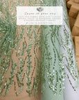 Leaves Love - Pistachio Green Leaf Lace Fabric, Beaded & Sequin Floral Embroidered Mesh with 3D Leaves for Dresses, Gowns, Couture Sewing