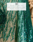 Leaves Love - Emerald Green Leaf Lace Fabric, Beaded & Sequin Floral Embroidery with 3D Leaves on Mesh for Gowns, Evening Dress, Couture DIY