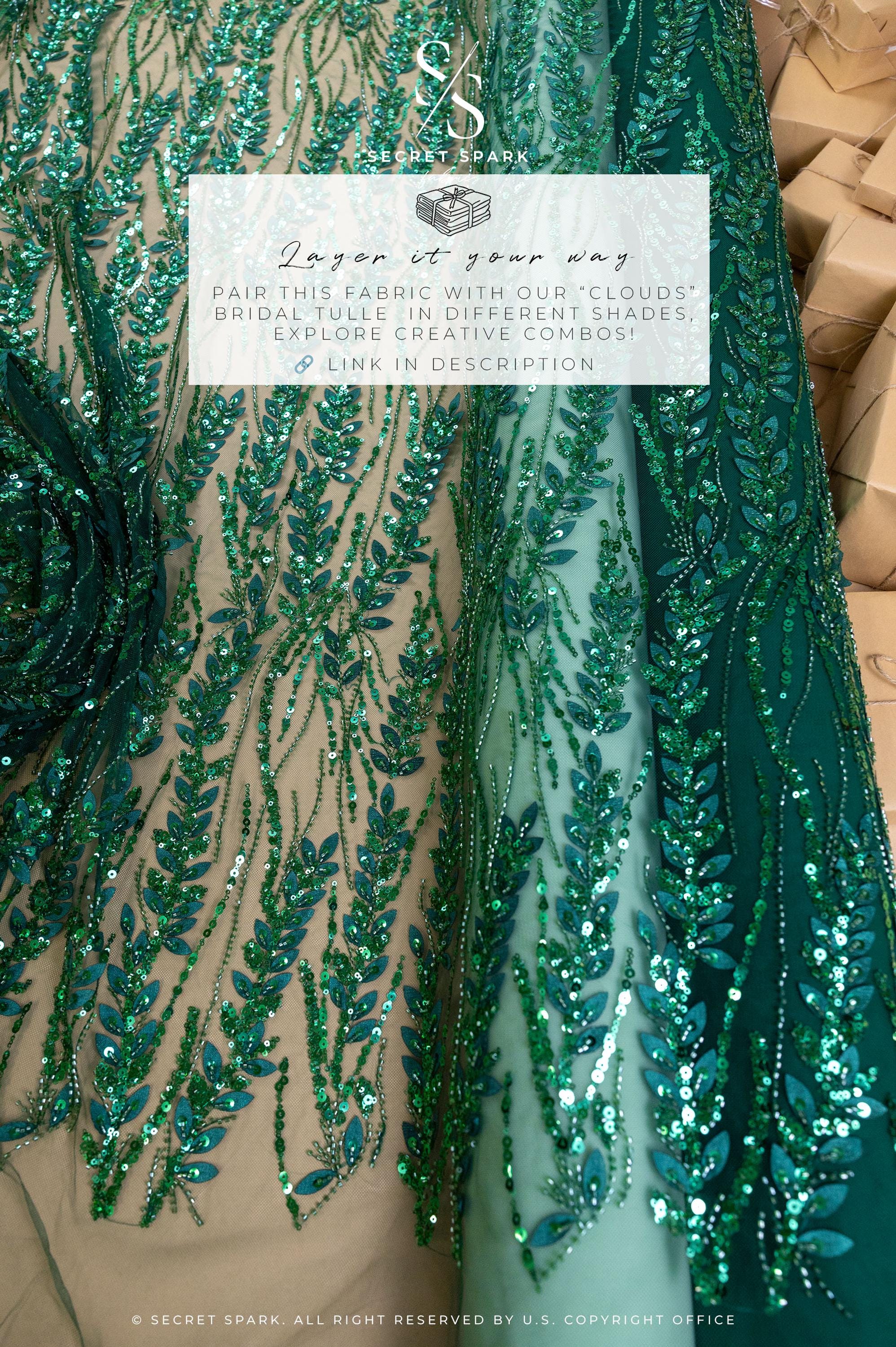 Leaves Love - Emerald Green Leaf Lace Fabric, Beaded &amp; Sequin Floral Embroidery with 3D Leaves on Mesh for Gowns, Evening Dress, Couture DIY
