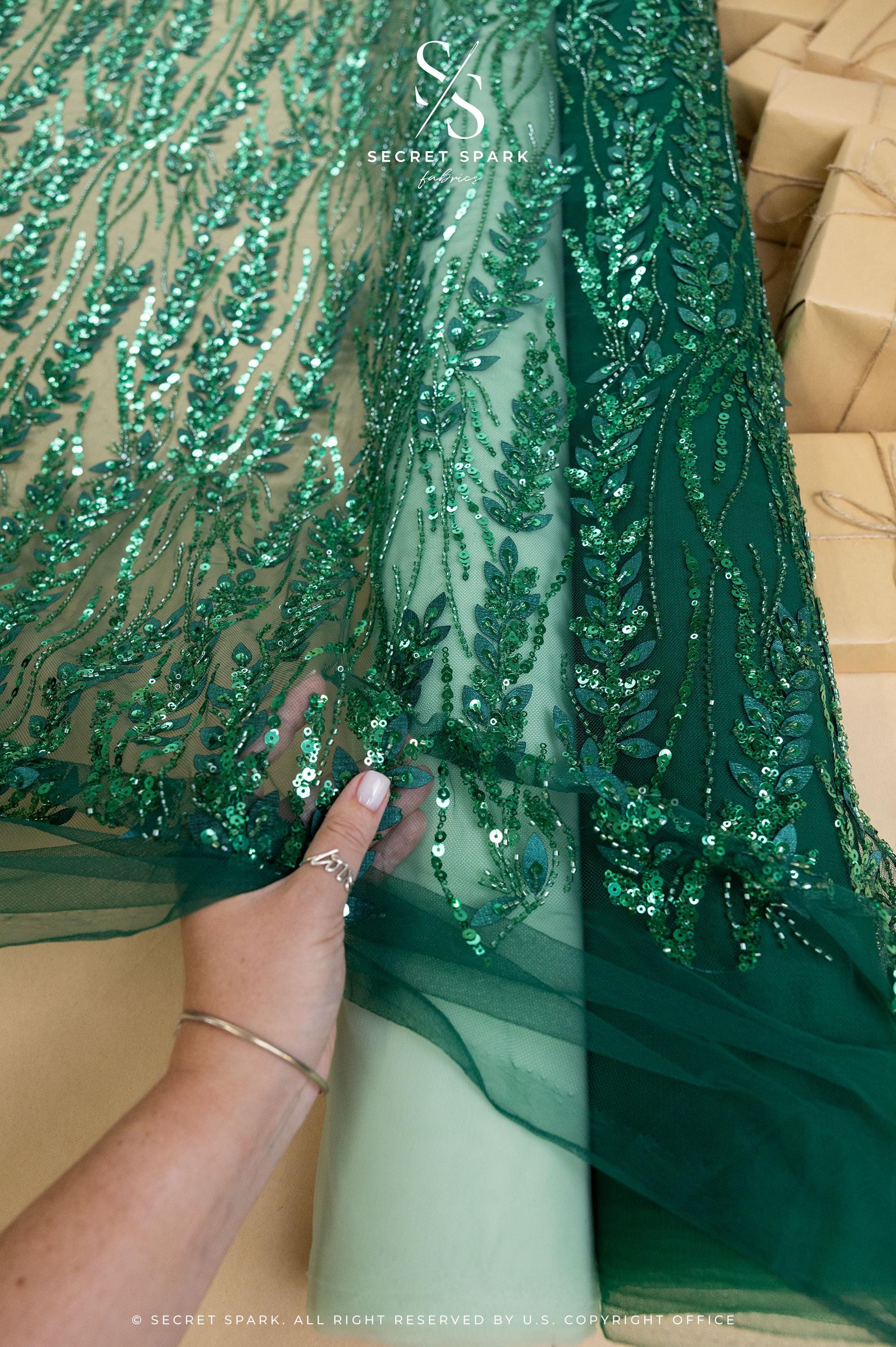 Leaves Love - Emerald Green Leaf Lace Fabric, Beaded &amp; Sequin Floral Embroidery with 3D Leaves on Mesh for Gowns, Evening Dress, Couture DIY