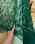 Leaves Love - Emerald Green Leaf Lace Fabric, Beaded & Sequin Floral Embroidery with 3D Leaves on Mesh for Gowns, Evening Dress, Couture DIY