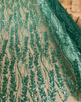 Leaves Love - Emerald Green Leaf Lace Fabric, Beaded & Sequin Floral Embroidery with 3D Leaves on Mesh for Gowns, Evening Dress, Couture DIY
