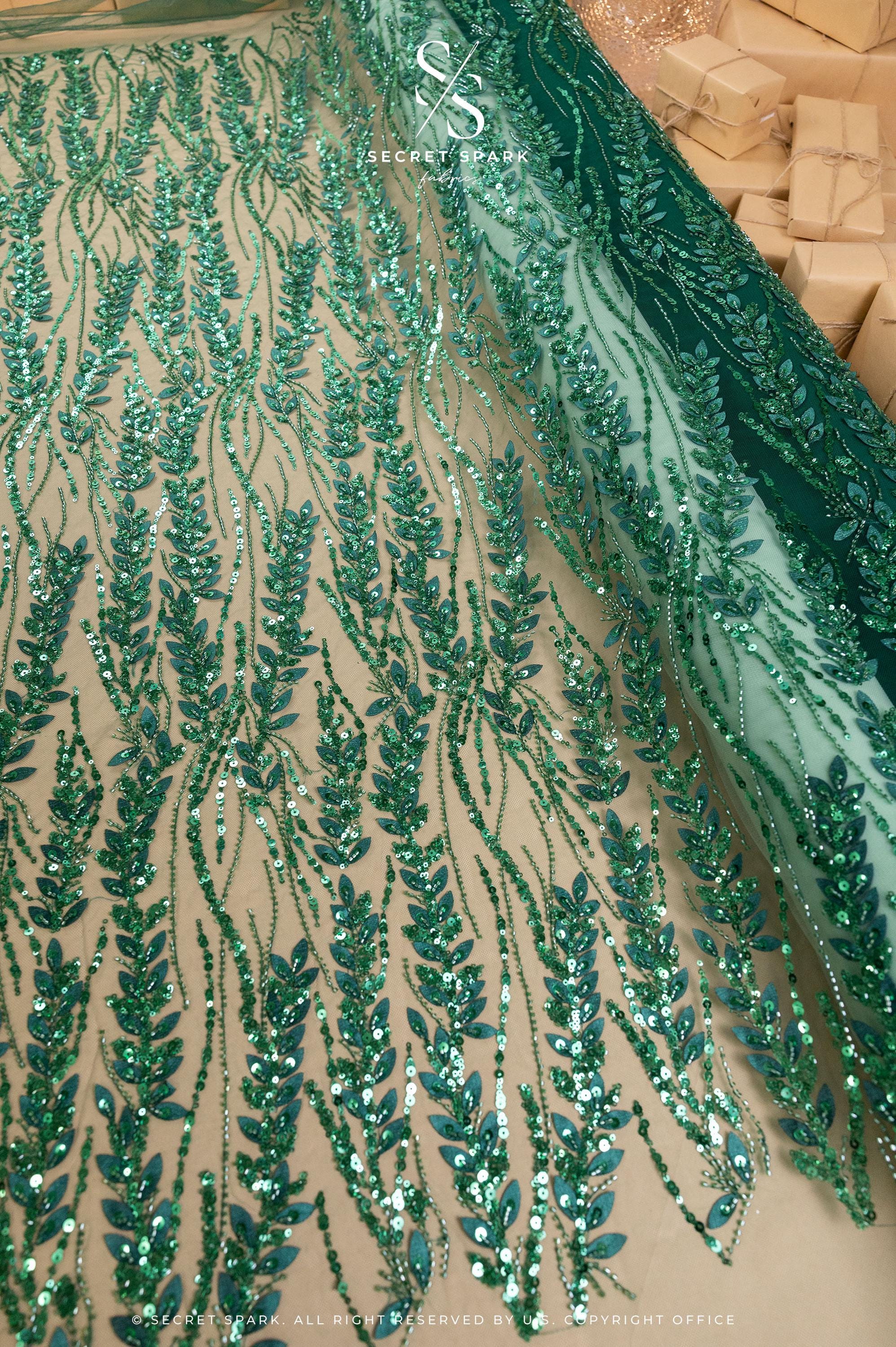 Leaves Love - Emerald Green Leaf Lace Fabric, Beaded &amp; Sequin Floral Embroidery with 3D Leaves on Mesh for Gowns, Evening Dress, Couture DIY