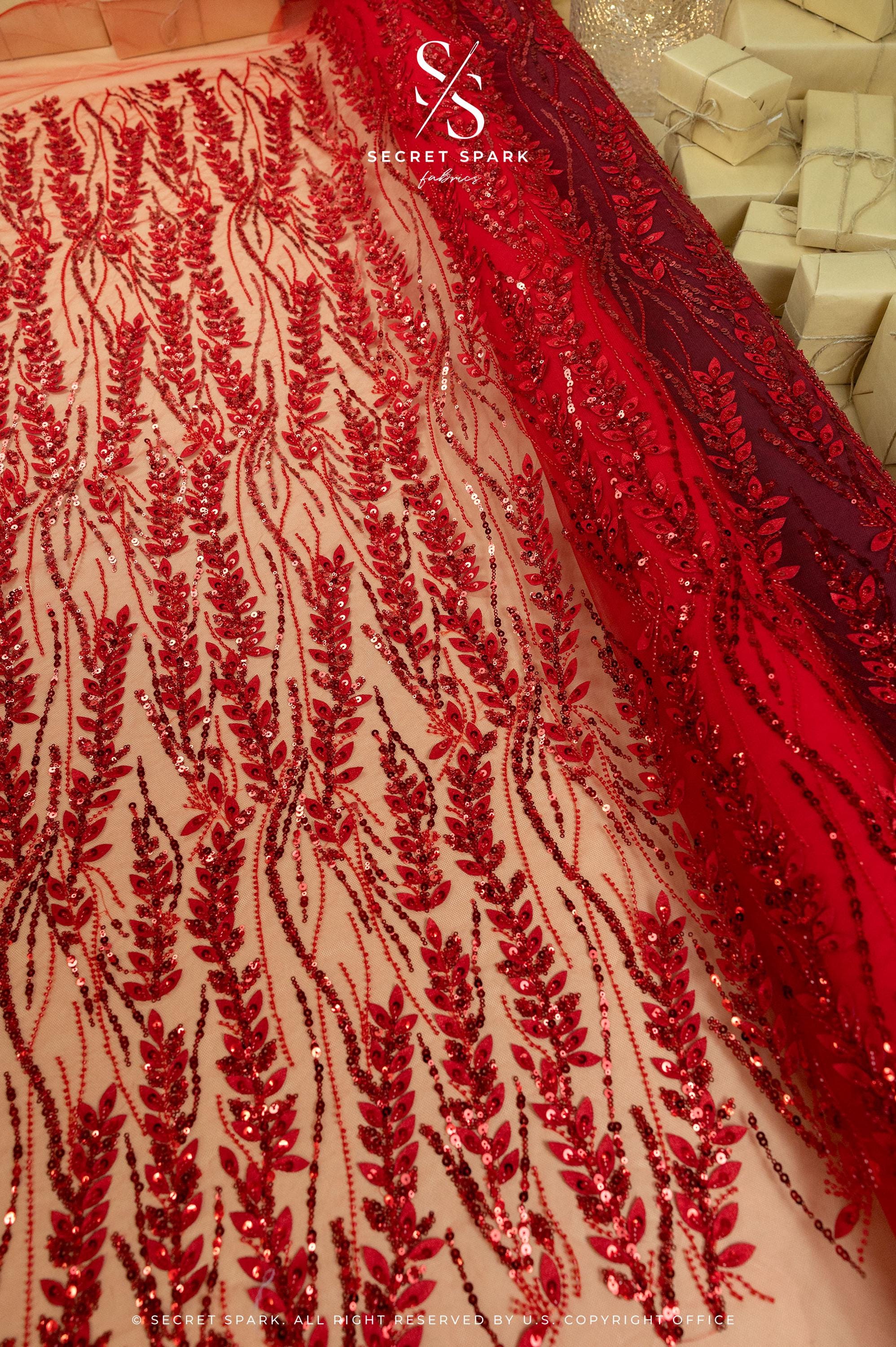 Leaves Love - Dark Red Beaded Lace Fabric, Leaf Lace Fabric, Sequin Floral Embroidery with 3D Leaves on Mesh for Gowns, Evening Dresses, DIY