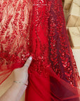 Leaves Love - Dark Red Beaded Lace Fabric, Leaf Lace Fabric, Sequin Floral Embroidery with 3D Leaves on Mesh for Gowns, Evening Dresses, DIY