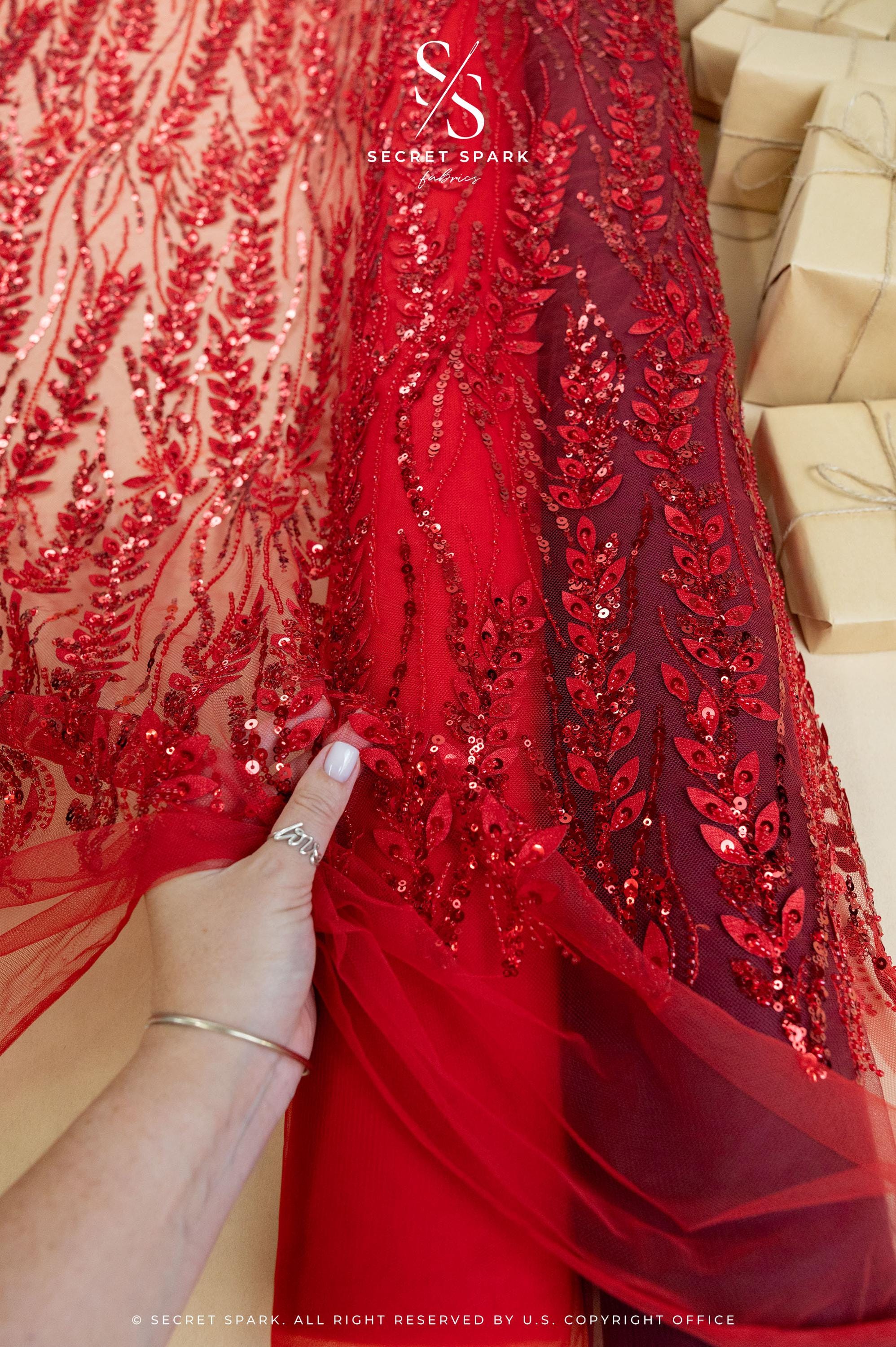 Leaves Love - Dark Red Beaded Lace Fabric, Leaf Lace Fabric, Sequin Floral Embroidery with 3D Leaves on Mesh for Gowns, Evening Dresses, DIY