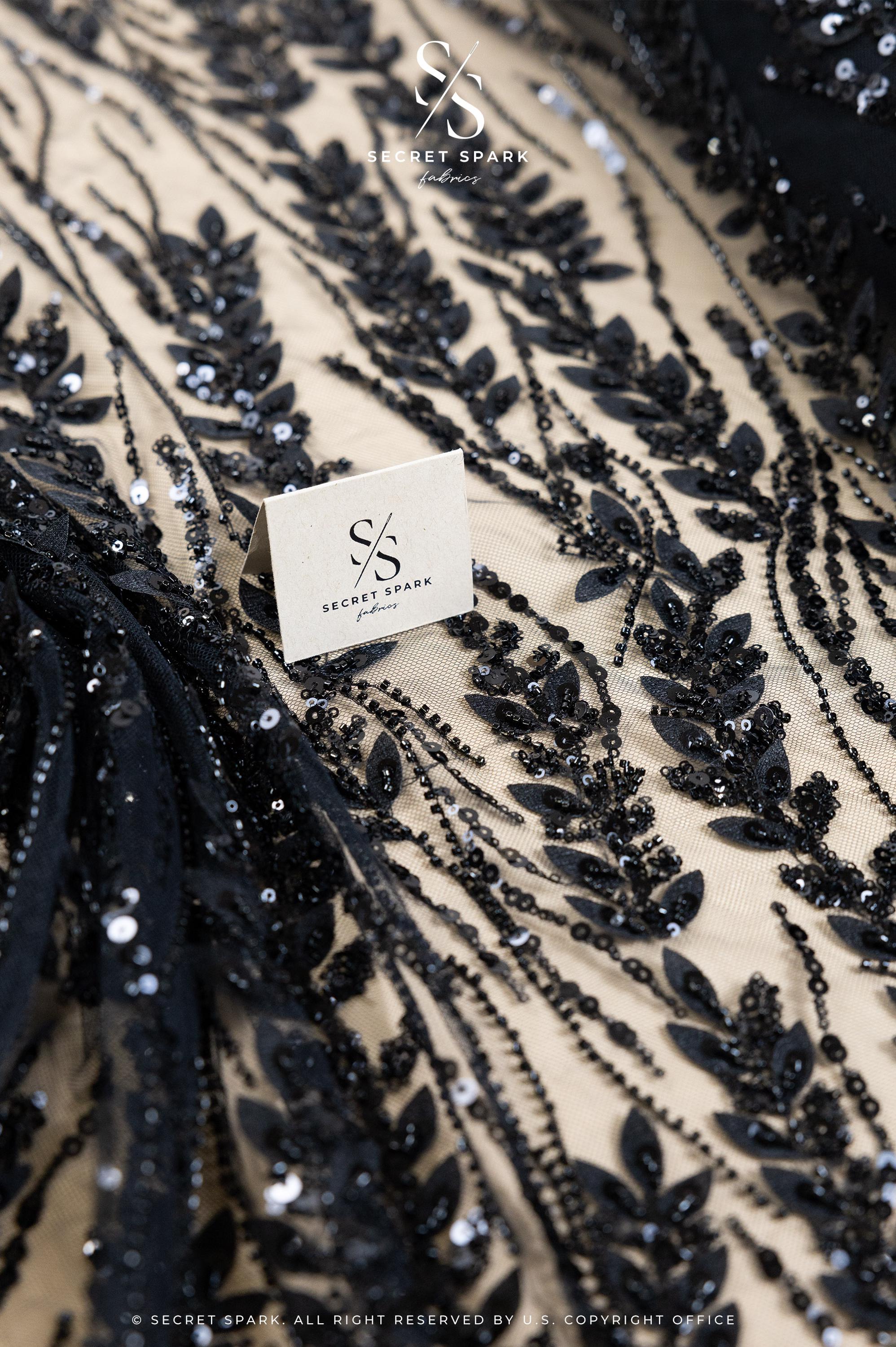 Leaves Love - Black Leaf Lace Fabric, Beaded &amp; Sequin Floral Embroidery with 3D Leaves on Mesh for Gowns, Evening Dresses, Couture DIY