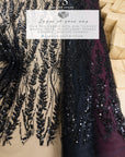 Leaves Love - Black Leaf Lace Fabric, Beaded & Sequin Floral Embroidery with 3D Leaves on Mesh for Gowns, Evening Dresses, Couture DIY