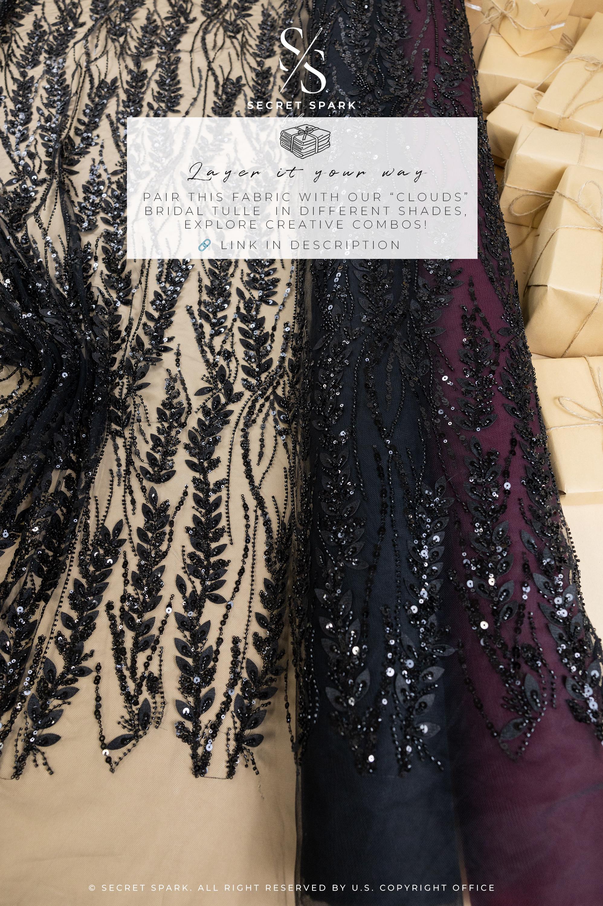 Leaves Love - Black Leaf Lace Fabric, Beaded &amp; Sequin Floral Embroidery with 3D Leaves on Mesh for Gowns, Evening Dresses, Couture DIY