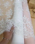 Belle - Off White - Classic Corded Bridal Lace with Beaded Flowers and Scalloped Edges for Wedding Gowns, Veils, DIY Couture by the Yard